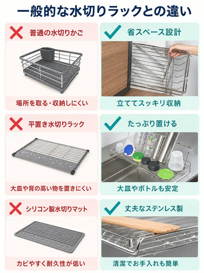 広がる水切りラック 洗い物の量に合わせてサイズを変えられる伸縮式デザイン。